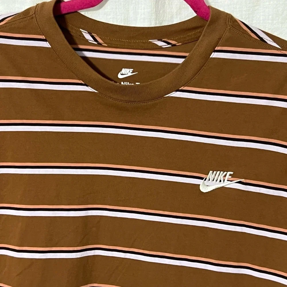The Nike Tee Women's Size Medium Shirt Brown Striped Embroidered Logo T-Shirt